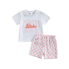 Kids Boys/ Girls Cotton Letter Print Short Sleeve T-shirts+Checkerboard Shorts 2pc Outfits