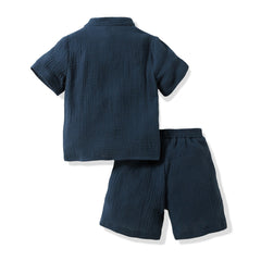 Childrens Muslin 2Pcs Suits Baby Boys Cotton Linen Breathable solid T-shirt+shorts