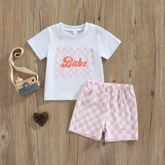 Kids Boys/ Girls Cotton Letter Print Short Sleeve T-shirts+Checkerboard Shorts 2pc Outfits