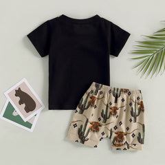 Boys Summer Fashion Cattle Letter Print Short Sleeve T-shirts +Shorts