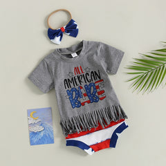 Independence Day Baby Girls Summer Tassel Hem T-Shirts Star Stripe Print Shorts Headband 3Pcs Sets