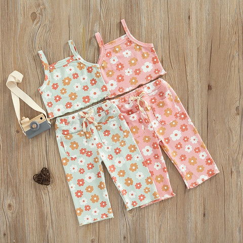 NEW Girls Floral Print Ribbed Summer Sets Tank Tops+Elastic Waist Pants