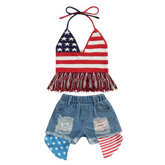 Independence Day Kids/ Toddler Girls Sets Star Stripe Sleeveless Halter Tassel Top+Shorts Set