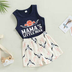 Boys Little Man Cattle Set Letter Print Sleeveless 2pc Tops+Shorts