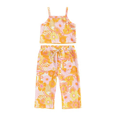 NEW Girls Floral Print Ribbed Summer Sets Tank Tops+Elastic Waist Pants