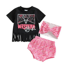 Girls Summer Sets Cattle Letter Print Patchwork Tassel Short Sleeve T-shirts+Shorts 3pc set