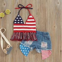 Independence Day Kids/ Toddler Girls Sets Star Stripe Sleeveless Halter Tassel Top+Shorts Set