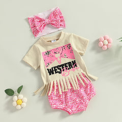 Girls Summer Sets Cattle Letter Print Patchwork Tassel Short Sleeve T-shirts+Shorts 3pc set