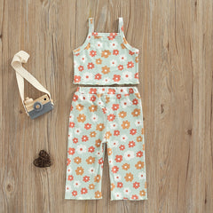 NEW Girls Floral Print Ribbed Summer Sets Tank Tops+Elastic Waist Pants