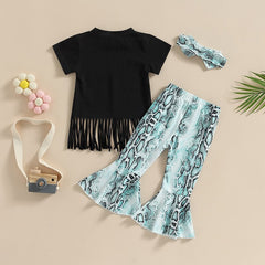 Fashion Toddler Kids Baby/ Girls Summer Sets Black Short Sleeve Tassel T-shirts+Snakeskin Flare Pants+Headwear 3pc