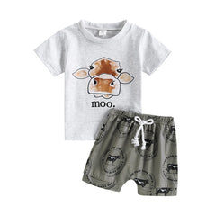 Boys Summer Fashion Cattle Letter Print Short Sleeve T-shirts +Shorts