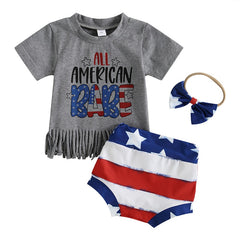 Independence Day Baby Girls Summer Tassel Hem T-Shirts Star Stripe Print Shorts Headband 3Pcs Sets