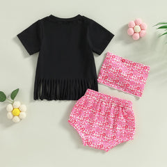 Girls Summer Sets Cattle Letter Print Patchwork Tassel Short Sleeve T-shirts+Shorts 3pc set