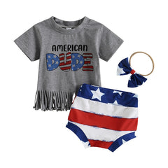 Independence Day Baby Girls Summer Tassel Hem T-Shirts Star Stripe Print Shorts Headband 3Pcs Sets