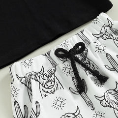 2023 Kids/ Toddler Boys B&W Cattle Print  T-shirts+Drawstring Long Pants set