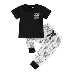 2023 Kids/ Toddler Boys B&W Cattle Print  T-shirts+Drawstring Long Pants set