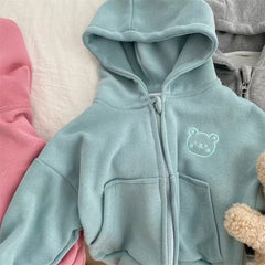 Girls Smile Characters Embroidery Cute Zipper Fashion Hoodies Sports Jacket