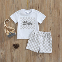 Kids Boys/ Girls Cotton Letter Print Short Sleeve T-shirts+Checkerboard Shorts 2pc Outfits