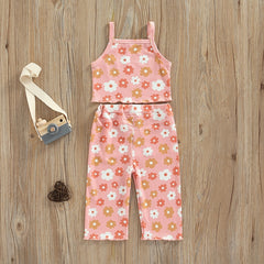 NEW Girls Floral Print Ribbed Summer Sets Tank Tops+Elastic Waist Pants