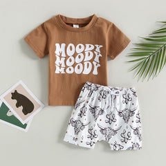 Boys Summer Fashion Cattle Letter Print Short Sleeve T-shirts +Shorts