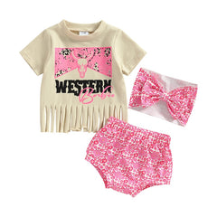 Girls Summer Sets Cattle Letter Print Patchwork Tassel Short Sleeve T-shirts+Shorts 3pc set