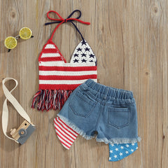 Independence Day Kids/ Toddler Girls Sets Star Stripe Sleeveless Halter Tassel Top+Shorts Set