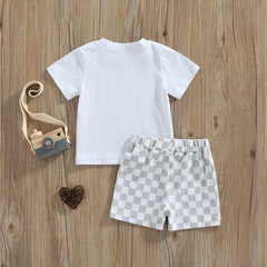 Kids Boys/ Girls Cotton Letter Print Short Sleeve T-shirts+Checkerboard Shorts 2pc Outfits