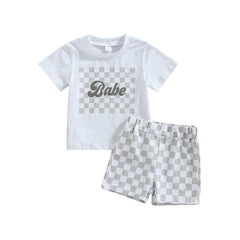 Kids Boys/ Girls Cotton Letter Print Short Sleeve T-shirts+Checkerboard Shorts 2pc Outfits