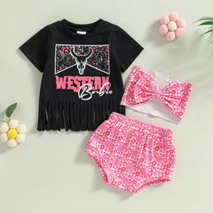 Girls Summer Sets Cattle Letter Print Patchwork Tassel Short Sleeve T-shirts+Shorts 3pc set