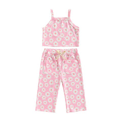 NEW Girls Floral Print Ribbed Summer Sets Tank Tops+Elastic Waist Pants