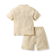 Childrens Muslin 2Pcs Suits Baby Boys Cotton Linen Breathable solid T-shirt+shorts