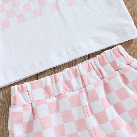 Kids Boys/ Girls Cotton Letter Print Short Sleeve T-shirts+Checkerboard Shorts 2pc Outfits