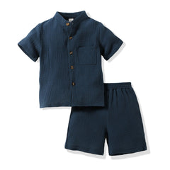 Childrens Muslin 2Pcs Suits Baby Boys Cotton Linen Breathable solid T-shirt+shorts