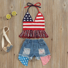 Independence Day Kids/ Toddler Girls Sets Star Stripe Sleeveless Halter Tassel Top+Shorts Set