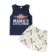 Boys Little Man Cattle Set Letter Print Sleeveless 2pc Tops+Shorts