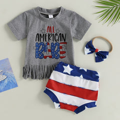 Independence Day Baby Girls Summer Tassel Hem T-Shirts Star Stripe Print Shorts Headband 3Pcs Sets