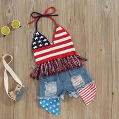 Independence Day Kids/ Toddler Girls Sets Star Stripe Sleeveless Halter Tassel Top+Shorts Set