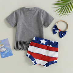 Independence Day Baby Girls Summer Tassel Hem T-Shirts Star Stripe Print Shorts Headband 3Pcs Sets