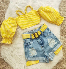 NEW Children Girls Summer Plaid Yellow Crop Tops+Belt Denim Shorts Set