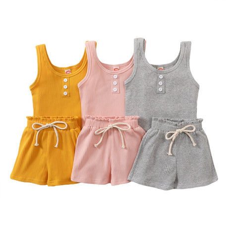 Summer Toddler Girls Suits Cotton Outfits  Ribbed Knitted Sleeveless Top+Elastic Waist Shorts