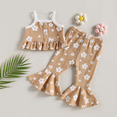 Girls Summer 2pc  Waffle Button Sets sleeveless Ruffles