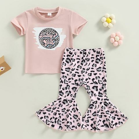 Children Girls Groovy Print Short Sleeve T-shirts+Leopard Print Flare Long Pants