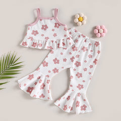 Girls Summer 2pc  Waffle Button Sets sleeveless Ruffles