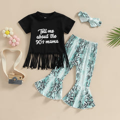 Fashion Toddler Kids Baby/ Girls Summer Sets Black Short Sleeve Tassel T-shirts+Snakeskin Flare Pants+Headwear 3pc