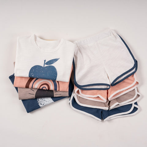 Boys/ Girls 2pcs Animated Print Casual Muslin Kids  T-shirt+ Shorts set