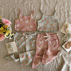 NEW Girls Floral Print Ribbed Summer Sets Tank Tops+Elastic Waist Pants