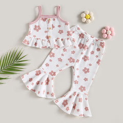 Girls Summer 2pc  Waffle Button Sets sleeveless Ruffles