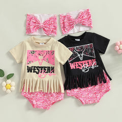 Girls Summer Sets Cattle Letter Print Patchwork Tassel Short Sleeve T-shirts+Shorts 3pc set