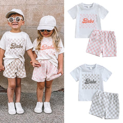 Kids Boys/ Girls Cotton Letter Print Short Sleeve T-shirts+Checkerboard Shorts 2pc Outfits