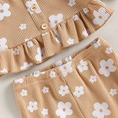 Girls Summer 2pc  Waffle Button Sets sleeveless Ruffles